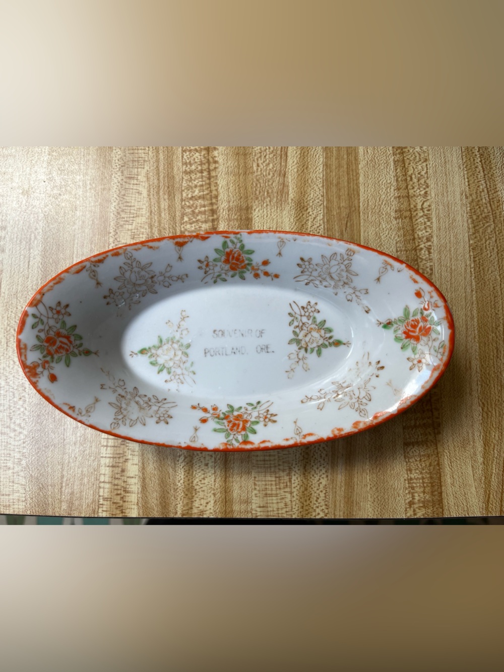 Vintage Hand Painted Floral Oval Serving Dish Souvenir Of Portland Oregon